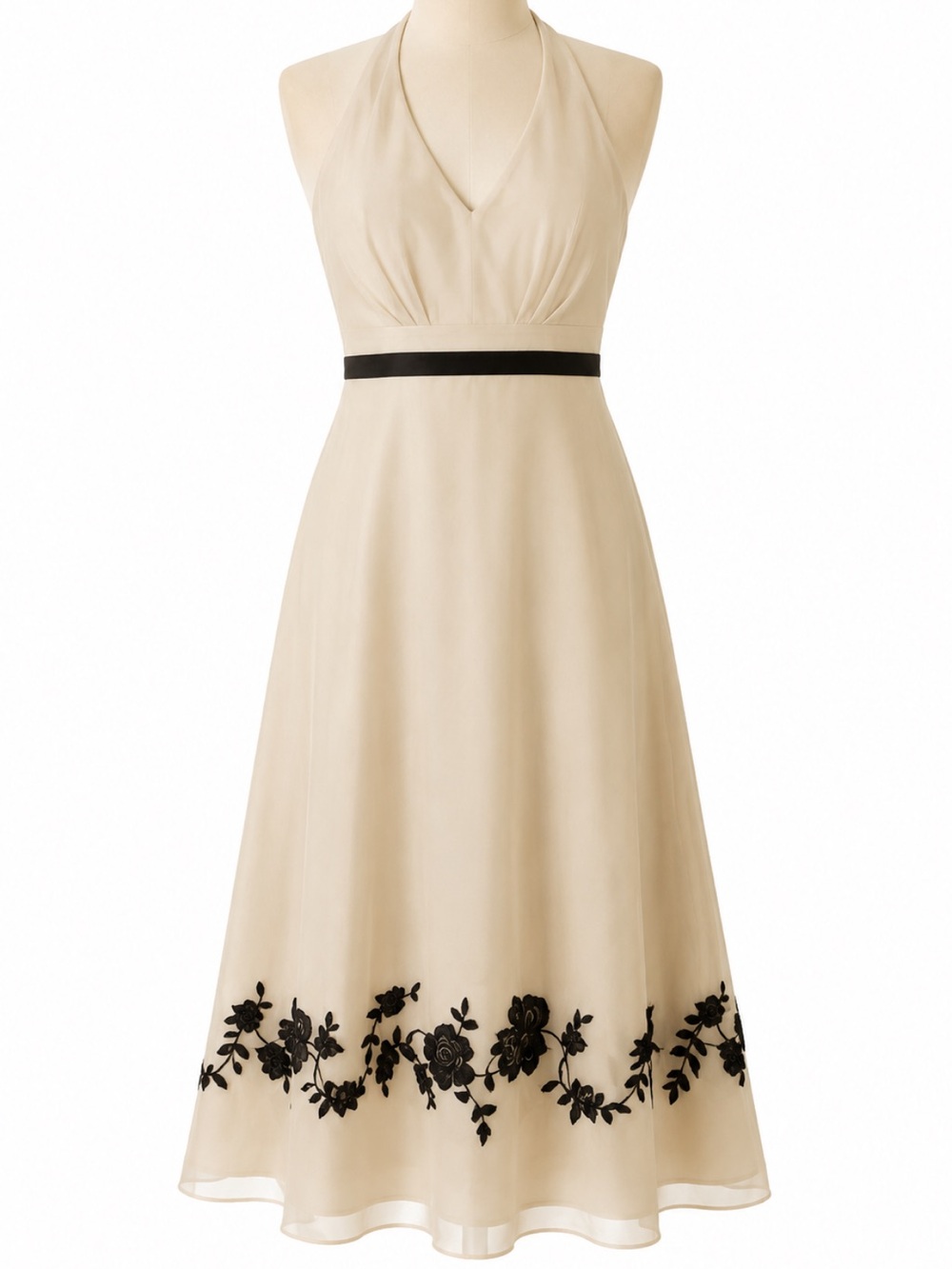 🎒BTS SALE📚 David’s Bridal Cream Black Embroidered Halter Dress Size 10 Formal We